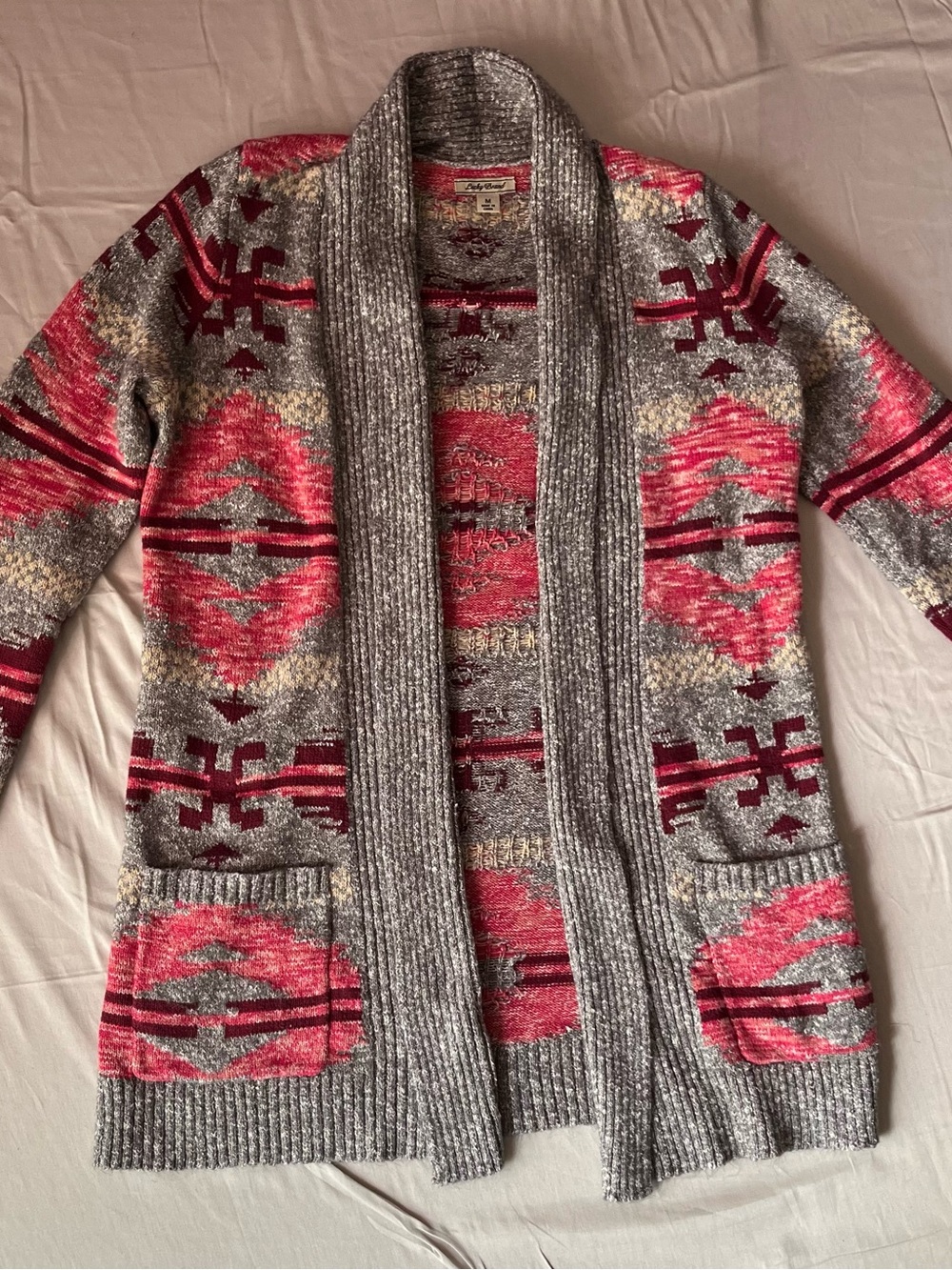 Lucky Brand Gray and Pink Aztec Knit Cardigan